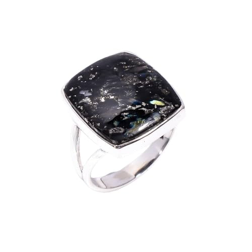 Golden Blue Fire Natural Nuummite Gemstone 925 Sterling Silver Statement Ring