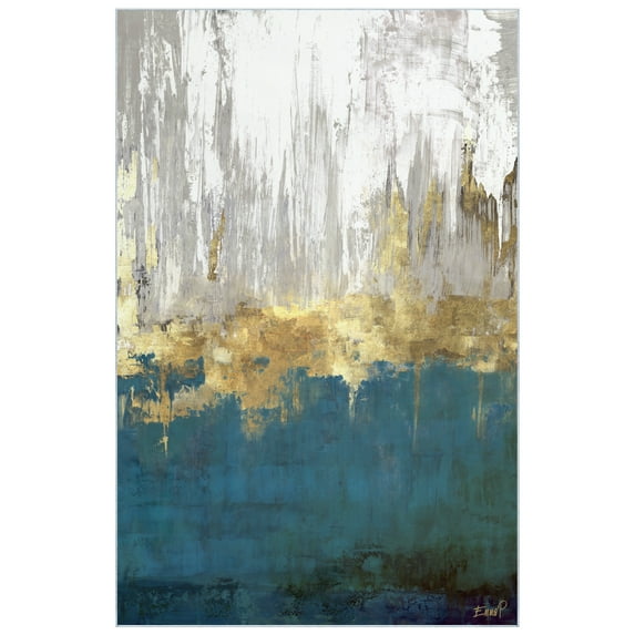 Golden Blue Horizons Washable Abstract Art Area Rug size 5'x8'