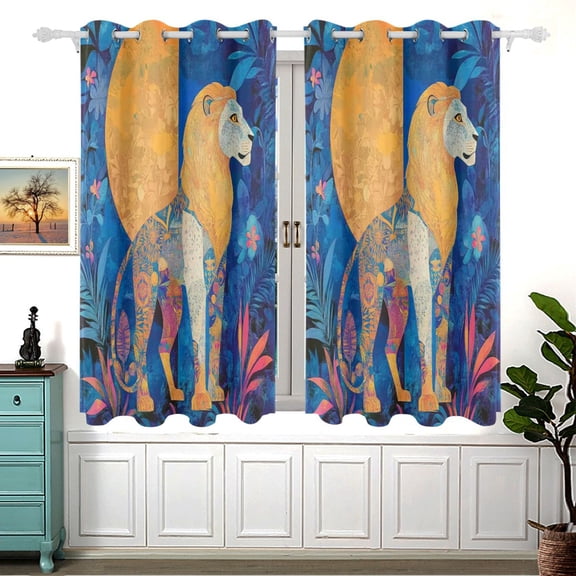 Golden Blue Lion Shadow Blackout Curtains for Living Room Bedroom 55W x 54L Insulated Window Drapes 2 Panels