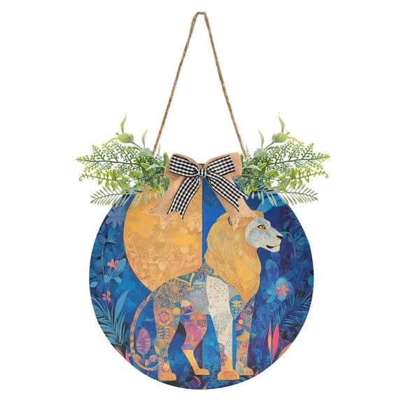 Golden Blue Lion Shadow Front Door Porch Decoration Hanging Sign with Artificial Green Plants and Bow for Home Outdoor Indoor