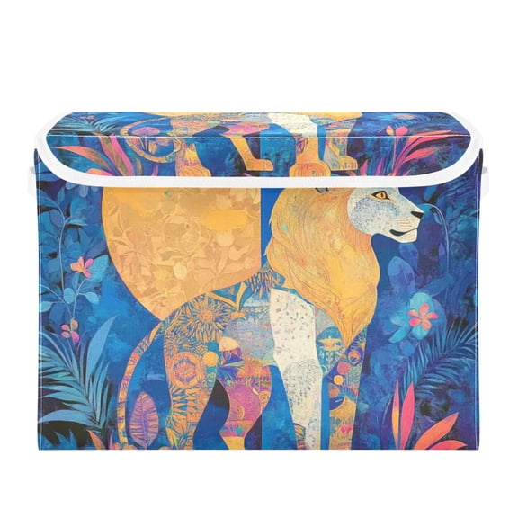 Golden Blue Lion Shadow Large Storage Bins with Linen Collapsible Lid Storage Box 16.7 x 12.6 x 11.8in