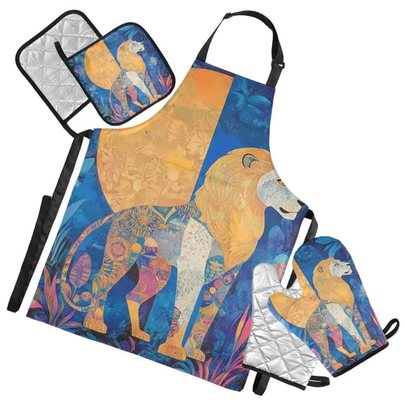 Golden Blue Lion Shadow Oven Mitts and Pot Holders with Chef Apron Set 5 Pcs Kitchen Cooking Set