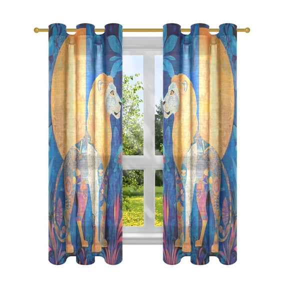 Golden Blue Lion Shadow Semi Sheer Curtains for Living Room Bedroom Set of 2 Insulated Window Drapes