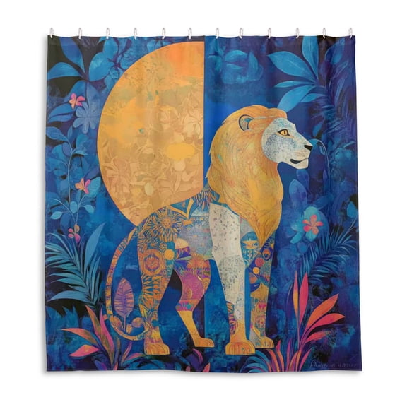 Golden Blue Lion Shadow Shower Curtain Liner 66x72 Inch Waterproof Shower Curtains Decorative Bathroom with 12 Pack Hooks