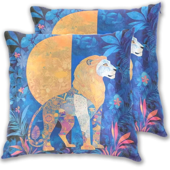 Golden Blue Lion Shadow Throw Pillow Covers 16x16 Inch 2 Packs Decorative Square for Living Room Couch Bed Sofa