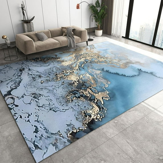 Golden Blue Marble Area Rugs, Nordic Light Luxury Gold Foil Indoor Rug, Non-Slip And Stain Resistant Home Carpet For Kids Teen Girls Boys Living Room Bedroom Office