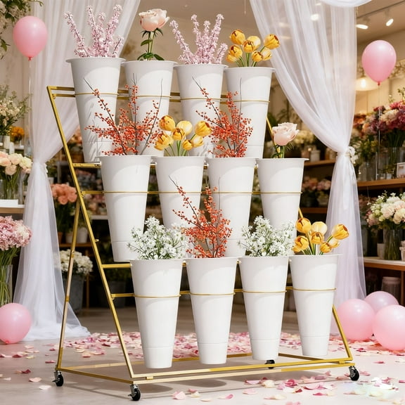 Golden Bouquet Stand, Reinforced Welds, 19.6" Narrow Profile, Three-Tier Flower Cart, White Round Pots, Entryway, Hotel, Wedding