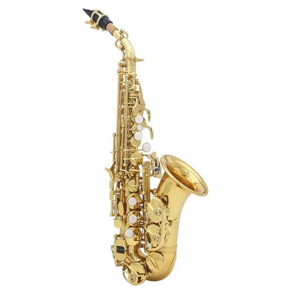 Golden Brass Bb Bend Soprano Saxophone with Carved Pattern, Pearl White Shell Buttons, Case, Gloves, Cleaning Cloth, and Belt - Althorn Wind Instrument