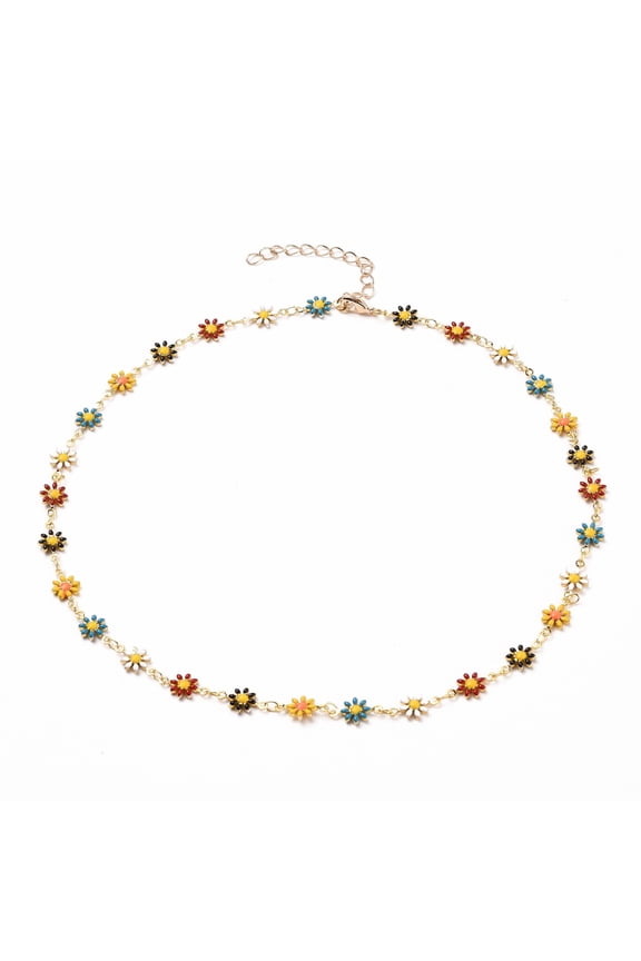 Golden Brass Flower Enamel Links Chain Necklaces with Brass Curb Chains Lobster Claw Clasps Colorful 17 inch(43.1cm)