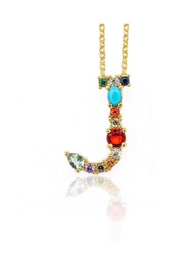 Golden Brass Micro Pave Cubic Zirconia Initial Pendants Necklaces with Cable Chains Colorful Letter Letter.J 17.9~18.1 inch(45.5~46cm)x1.5mm LetterJ: 20x15x6mm
