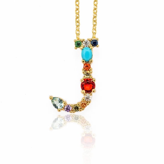 Golden Brass Micro Pave Cubic Zirconia Initial Pendants Necklaces with Cable Chains Colorful Letter Letter.J 17.9~18.1 inch(45.5~46cm)x1.5mm