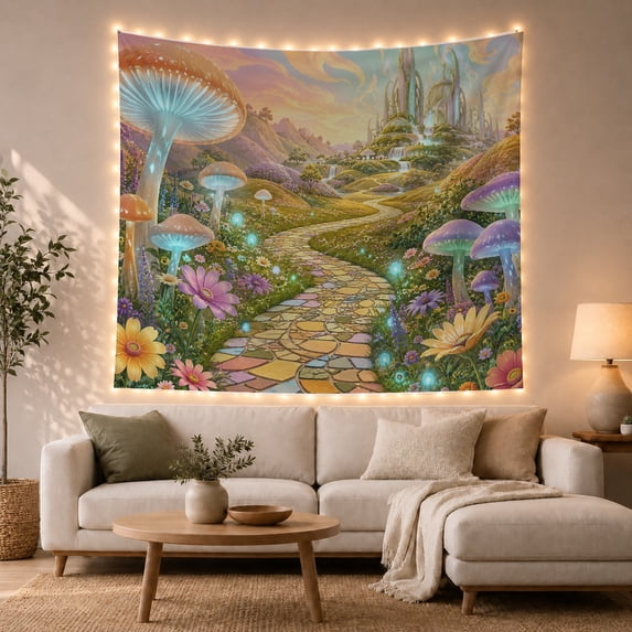 Golden Brick Road in Fantasy Meadow with Glowing Mushrooms, Dreamy Fantasy for Nature Lovers, Enchanted Landscape Art, Mother's Day Gift, Tapestry Wall Hanging for Bedroom and Living Room