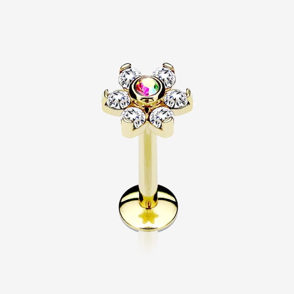Golden Brilliant Sparkle Flower Top Internally Threaded Steel Labret