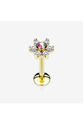Golden Brilliant Sparkle Flower Top Internally Threaded Steel Labret