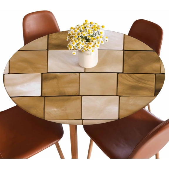 Golden Brown Metal Pattern Round Fitted Tablecloth Square Neatly Arranged Elastic Edge Tablecloth Waterproof Oilcloth Table Cover for 40"-44"