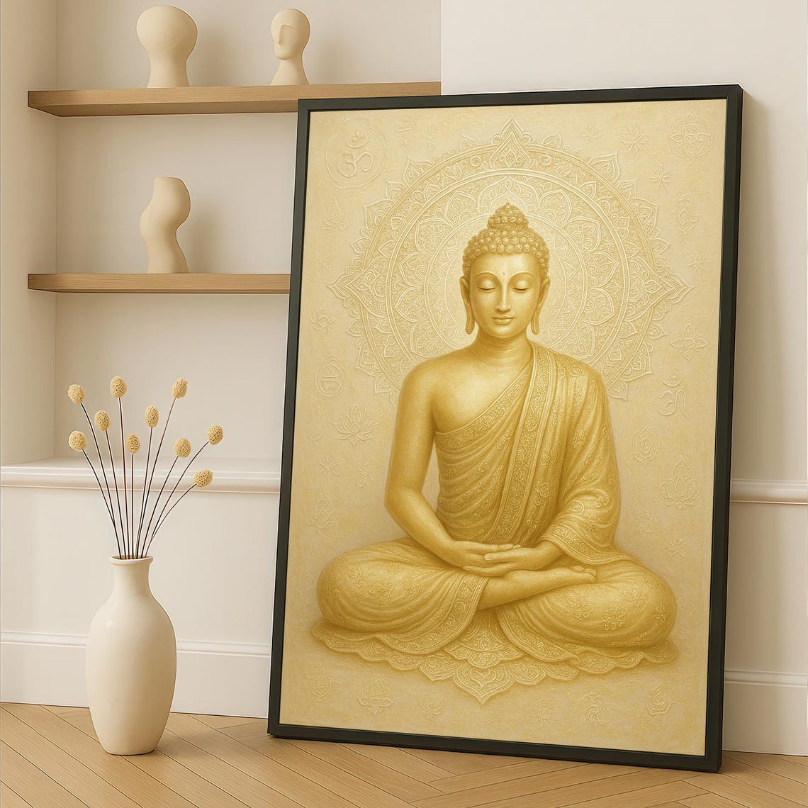 Golden Buddha Canvas Painting, Sacred Mandala Meditation Wall Art ...