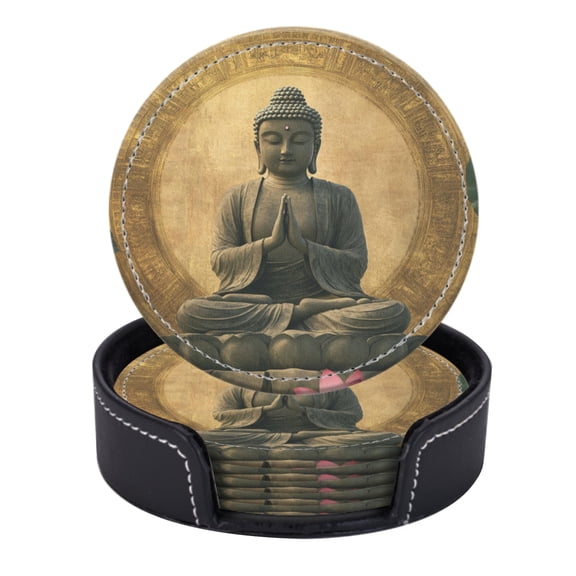PU Leather Coasters for Drinks Bar Beer,Set of 6 with Holder,Round Housewarming Gift,Golden Buddha Sitting On Lotus Flower