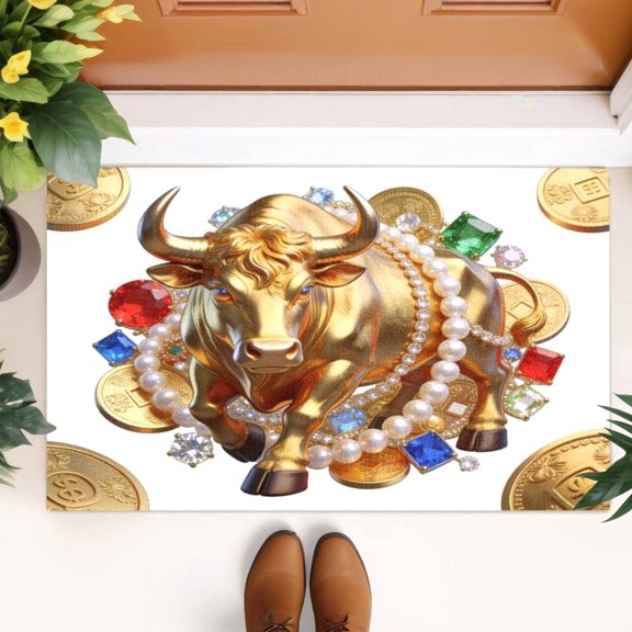 Golden Bull Gemstone Doormat Rich Gold Ox Welcome Door Mat Kitchen Floor Mat Small Area Rug for Indoor Outdoor Entrance