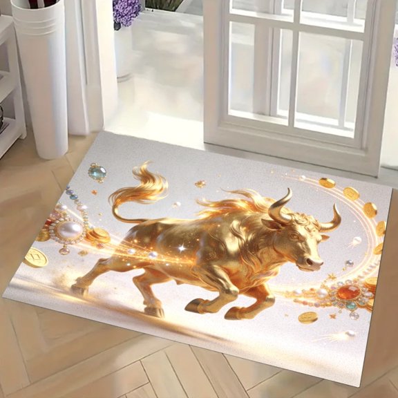 Golden Bull Gemstone Doormat Rich Gold Ox Welcome Door Mat Kitchen Floor Mat Small Area Rug for Indoor Outdoor Entrance