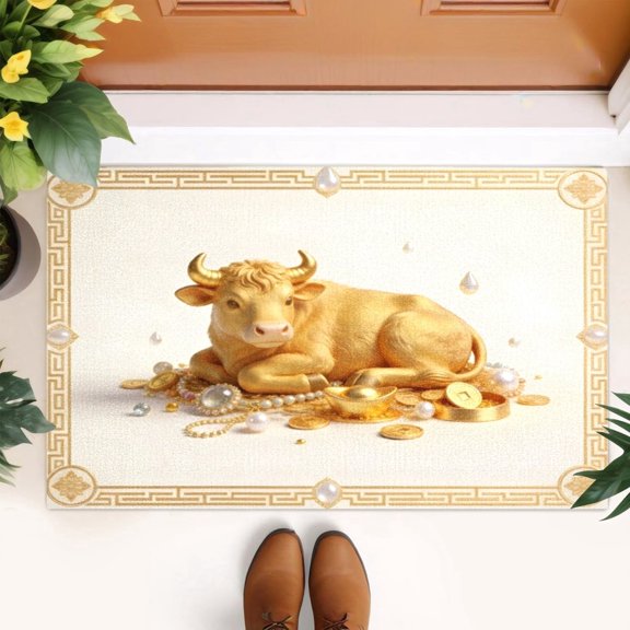Golden Bull Gemstone Doormat Rich Gold Ox Welcome Door Mat Kitchen Floor Mat Small Area Rug for Indoor Outdoor Entrance