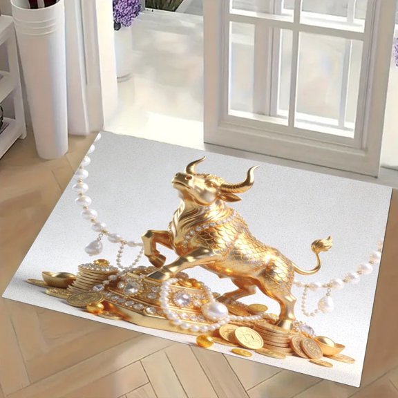 Golden Bull Gemstone Doormat Rich Gold Ox Welcome Door Mat Kitchen Floor Mat Small Area Rug for Indoor Outdoor Entrance