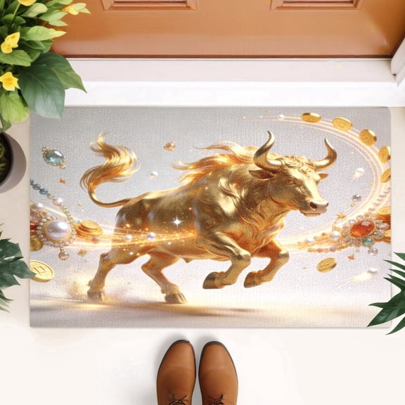 Golden Bull Gemstone Doormat Rich Gold Ox Welcome Door Mat Kitchen Floor Mat Small Area Rug for Indoor Outdoor Entrance