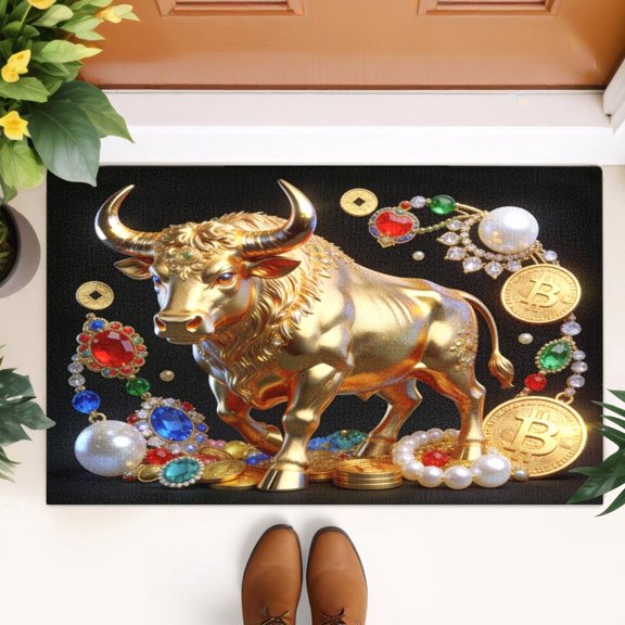 Golden Bull Gemstone Doormat Rich Gold Ox Welcome Door Mat Kitchen Floor Mat Small Area Rug for Indoor Outdoor Entrance