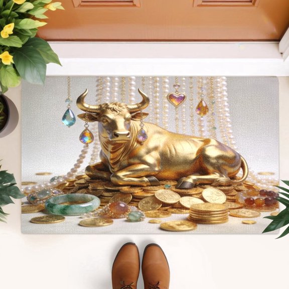 Golden Bull Gemstone Doormat Rich Gold Ox Welcome Door Mat Kitchen Floor Mat Small Area Rug for Indoor Outdoor Entrance