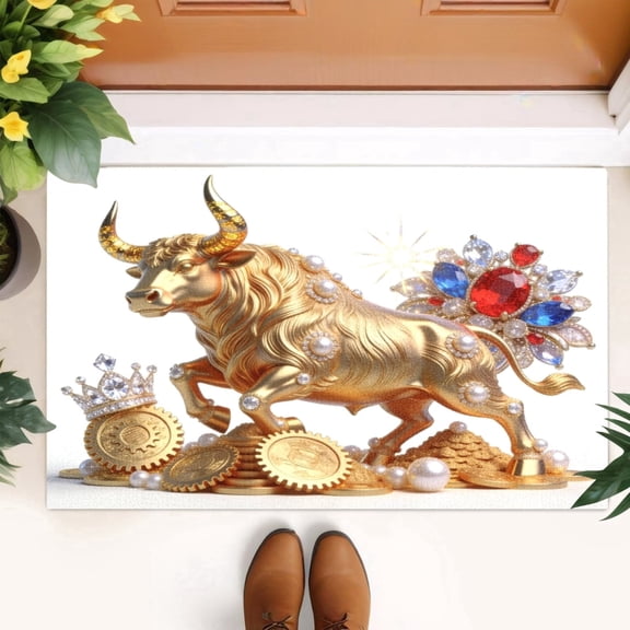 Golden Bull Gemstone Doormat Rich Gold Ox Welcome Door Mat Kitchen Floor Mat Small Area Rug for Indoor Outdoor Entrance