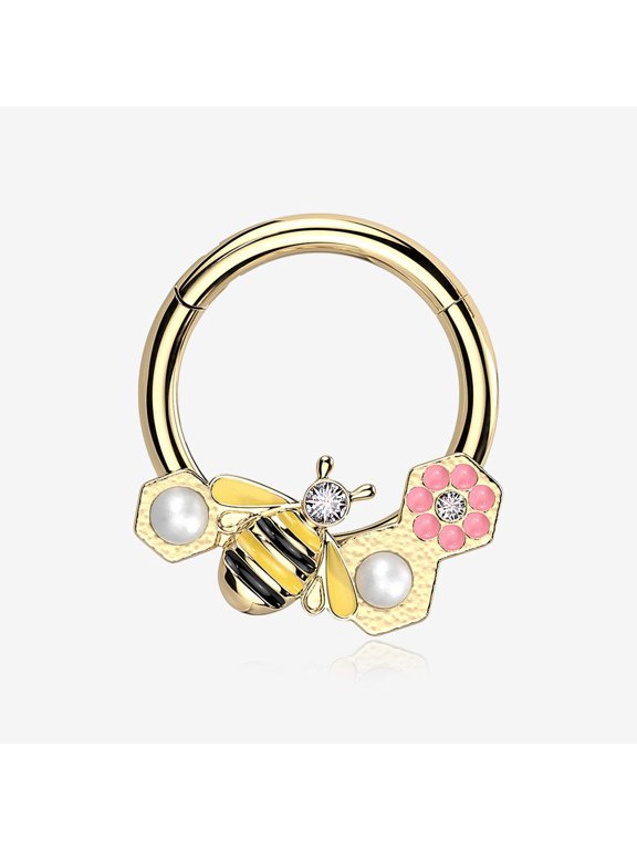 Golden Bumble Bee Pearlescent Honeycomb Flower Clicker Hoop Ring
