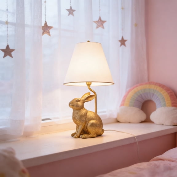 Golden Bunny Lamp,18.5 Inch Catalina Lighting Golden Bunny Table Lamp With Painted Gold Finish,White Tapered Shade, for Bedroom Nightstand or Living Room Decor Lighting