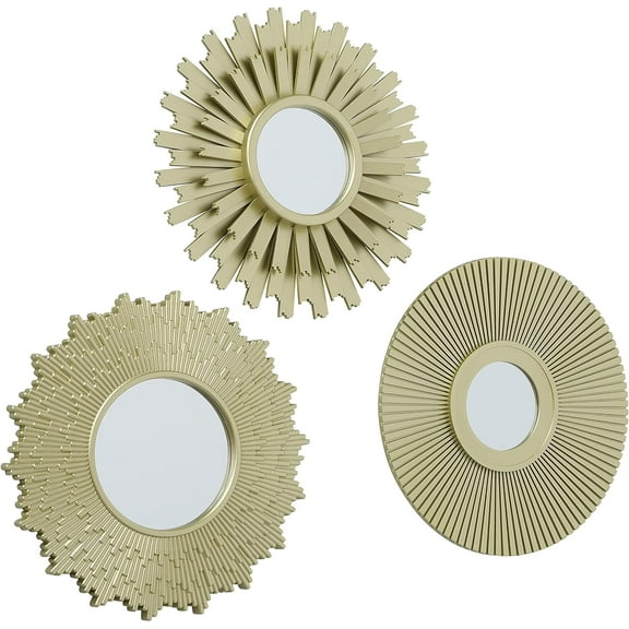 Golden Burst Mirrors, Set of 3, Gold, 4.5, 3.25, and 3 Inches In Diameter, .75 Inch Profile, Light Weight Plastic