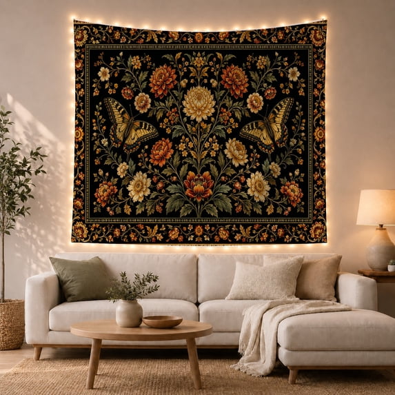 Golden Butterflies in Amber Flower Garden, Serene Vintage Style for Butterfly Lovers, Botanical Wall Art, Housewarming Gift, Tapestry Wall Hanging for Bedroom and Living Room