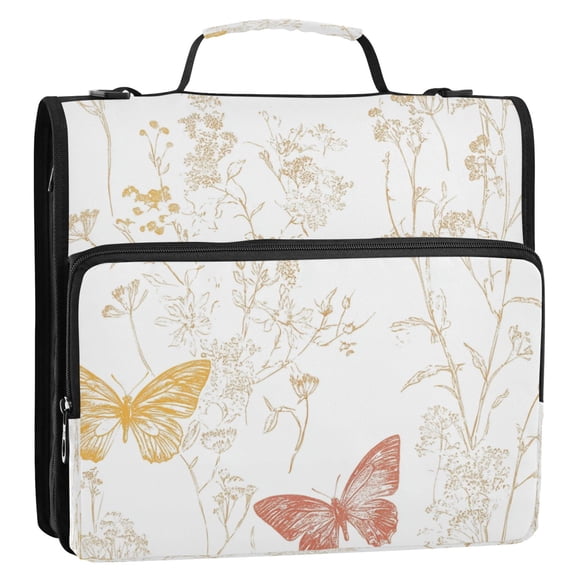 Golden Butterflies and Flora 3-Ring Binder Bag 13.6x12.4x3.5in Water-Resistant Canvas for School or Office Use