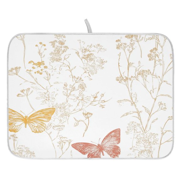 Golden Butterflies and Flora Dish Drying Mat for Kitchen, Quick Drying Absorbent Soft Durable 16" x 18"