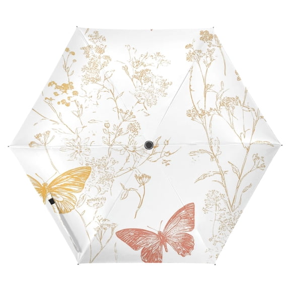Golden Butterflies and Flora Folding Umbrella UV50+ Waterproof Sun Protection Auto Open Close Compact Fiberglass Frame