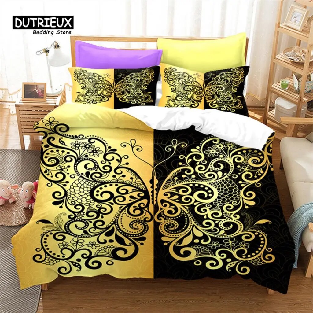Golden Butterfly And Floral Bedding Set Print Black Duvet Cover With