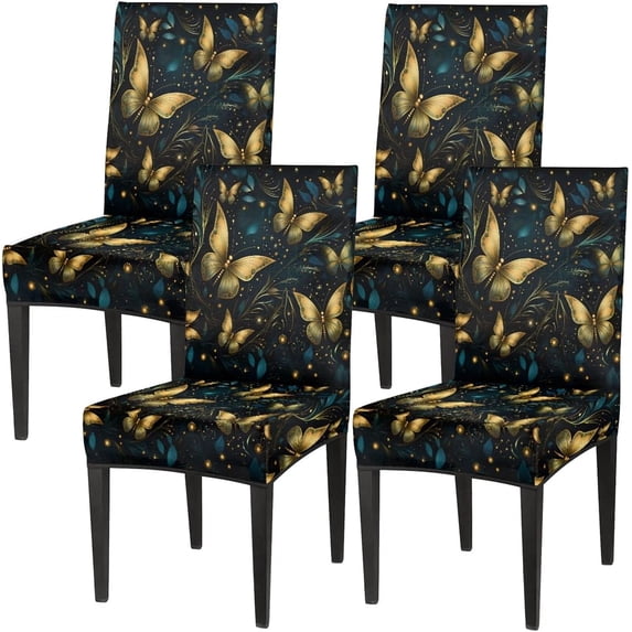 Golden Butterfly Chair Covers for Dining Room Set of 4, Washable Spandex Parsons Slipcovers, Removable Kitchen Chair Cover, Stretch Seat Protector for Home Party Hotel
