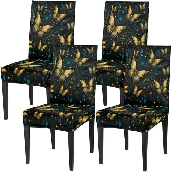 Golden Butterfly Chair Covers for Dining Room Set of 4, Washable Spandex Parsons Slipcovers, Removable Kitchen Chair Cover, Stretch Seat Protector for Home Party Hotel