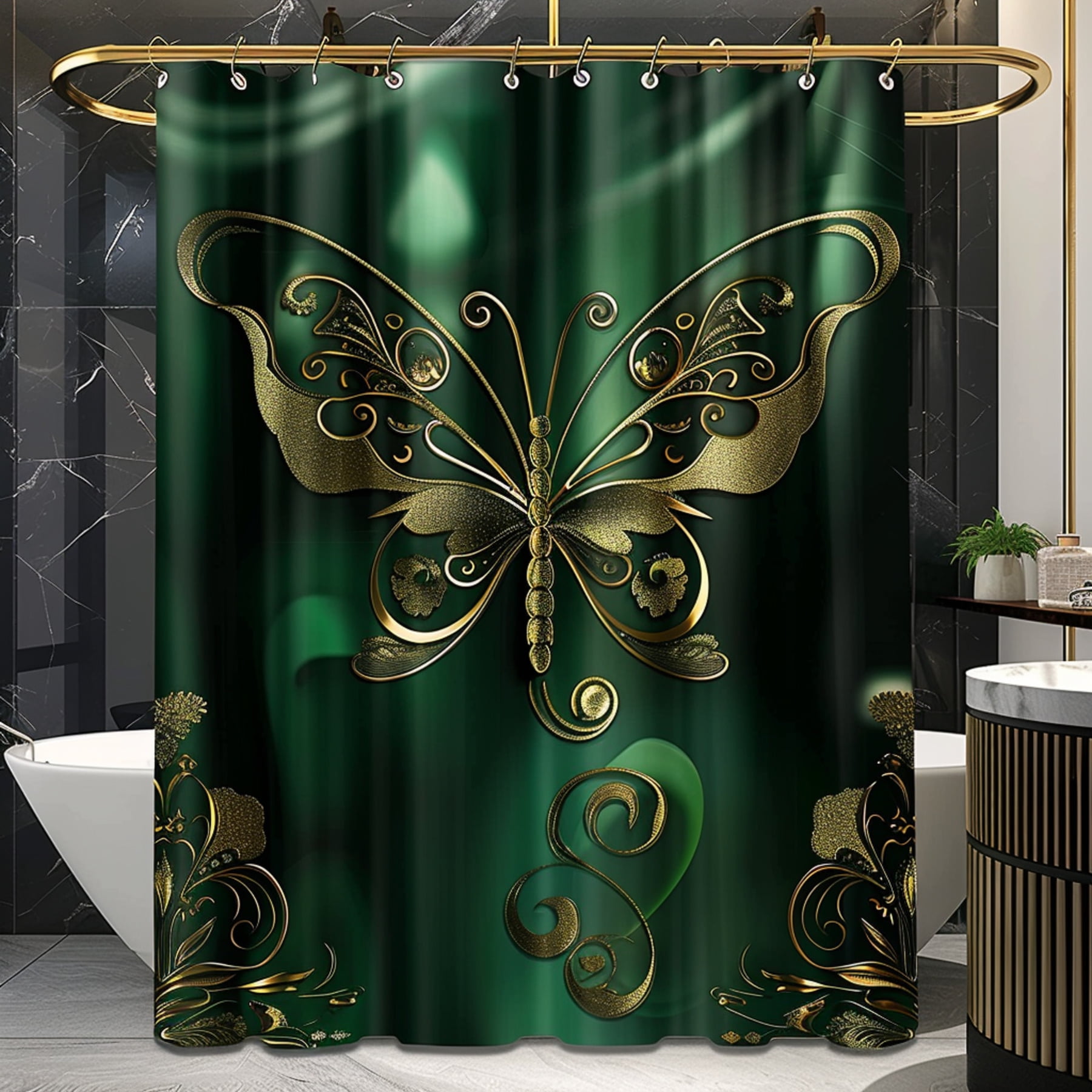 Golden Butterfly Design Shower Curtain Dark Green Bathroom Decor