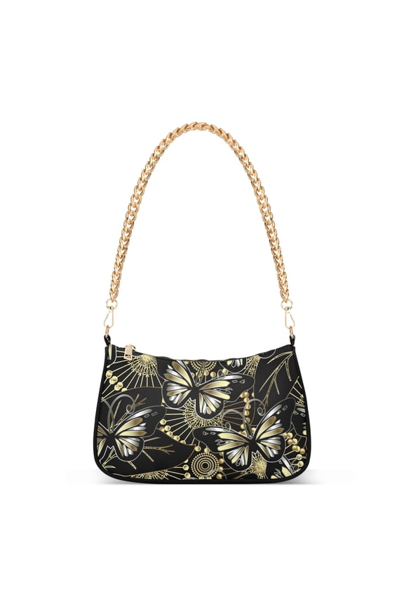 Golden Butterfly Flower Pattern Womens Chain Shoulder Bag Tote Handbag Clutch Hobo Purse with Zipper for Travel Casual