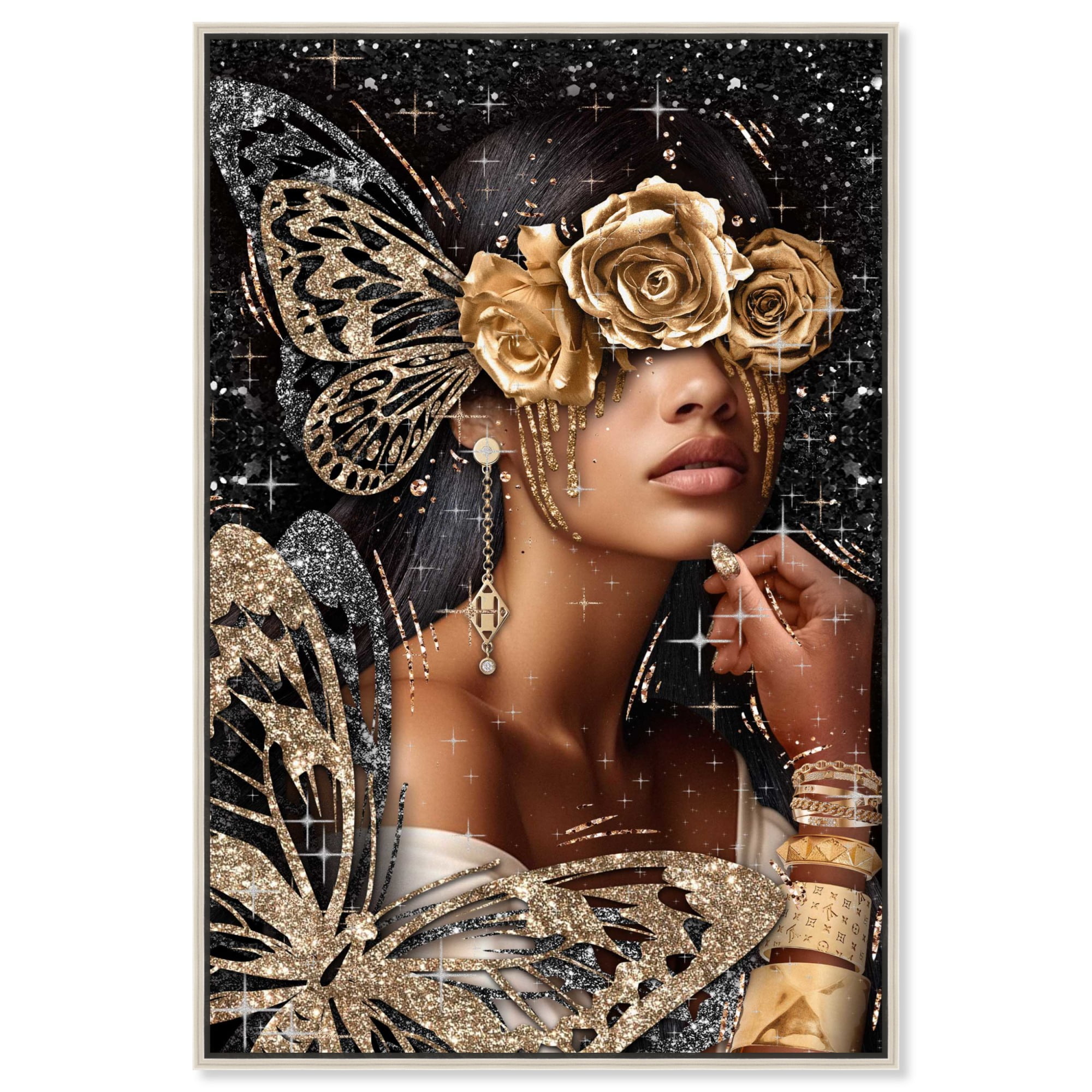 Golden Butterfly Goddess Canvas Art with Silver Frame, 16" x 24"