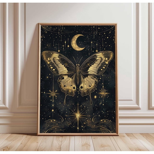 Golden Butterfly Poster Celestial Moth Art Moon and Stars Design Nature ...