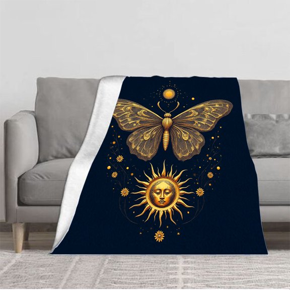 Golden Butterfly & Radiant Sun Pattern Flannel Blanket - Soft Cozy Durable for Sofa Travel Bed Chair - Celestial Design
