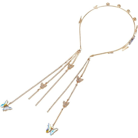 Golden Butterfly Rhinestone Headbands Wedding Butterflies Headband Elegant Shiny Crystal Tassel Butterfly Headpiece Head Chain Vintage for Birthday Party Women