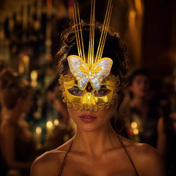 Golden Butterfly Venetian Masquerade Mask, 6 Inch Lace Masquerade Mask Led Glowing Halloween Mask for Halloween Party Mardi Gras Accessory, 1 Pack