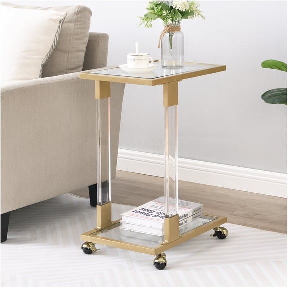 Golden C-Shape Sofa Side Table with Tempered Glass Top and Chrome Metal Base, Mobile End Table for Living Room, Bedroom, Office