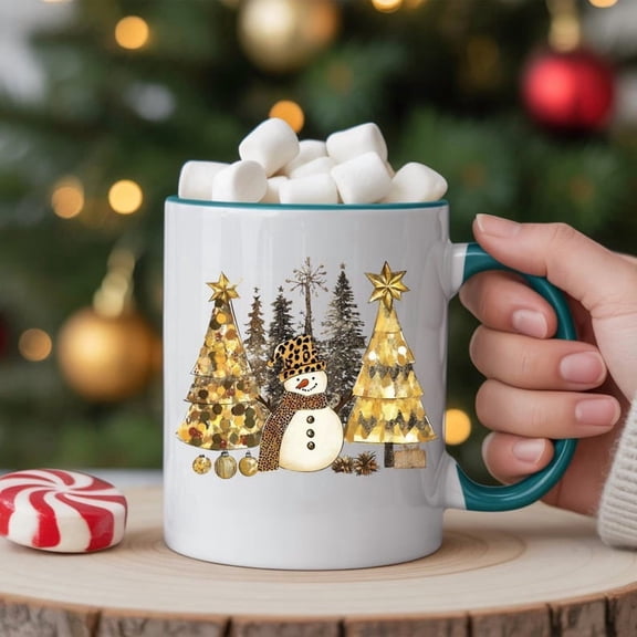 Golden CH1Riastmas Coffee Mug, Gold Leopard Xmas Snowman Tree Design, Winter Scene Hot oa Cup