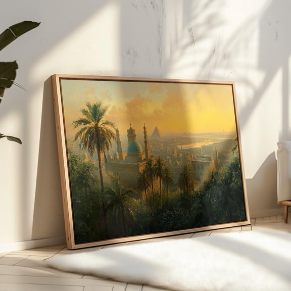 Golden Cairo Sunset With Mosque And Pyramid – Egyptian Landscape Print With Palm Trees And Historic Skyline Wall Art, Modern Wall Decor, 24x36 UNFRAMED