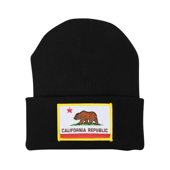 Golden California Bear Flag Long Cuffed Beanie - Black